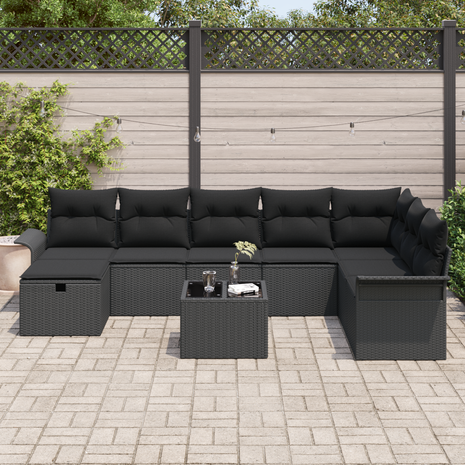 Sodo Sofų Rinkinys su pagalve 9 pcs Juoda poliratanas