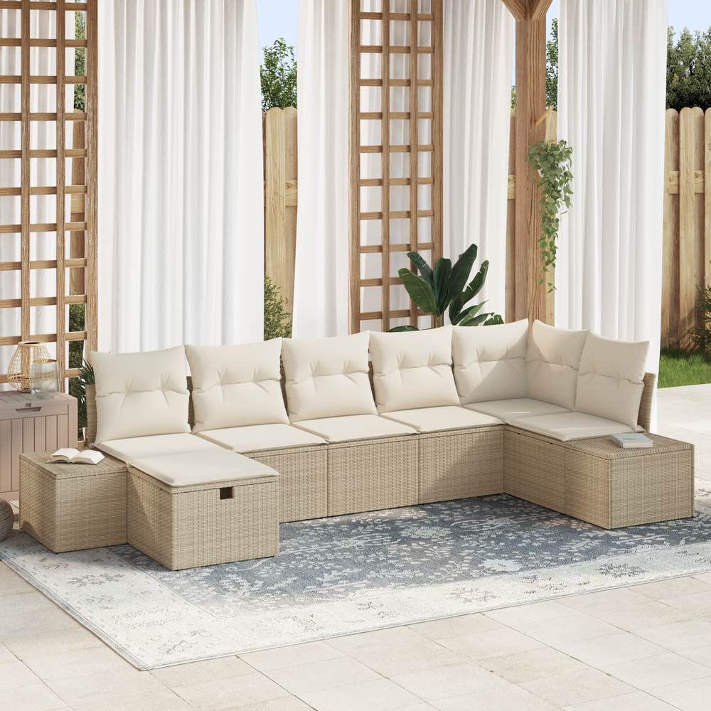 7 dalių sodo sofa komplektas su pagalvėlėmis, smėlio spalvos, poli ratanas