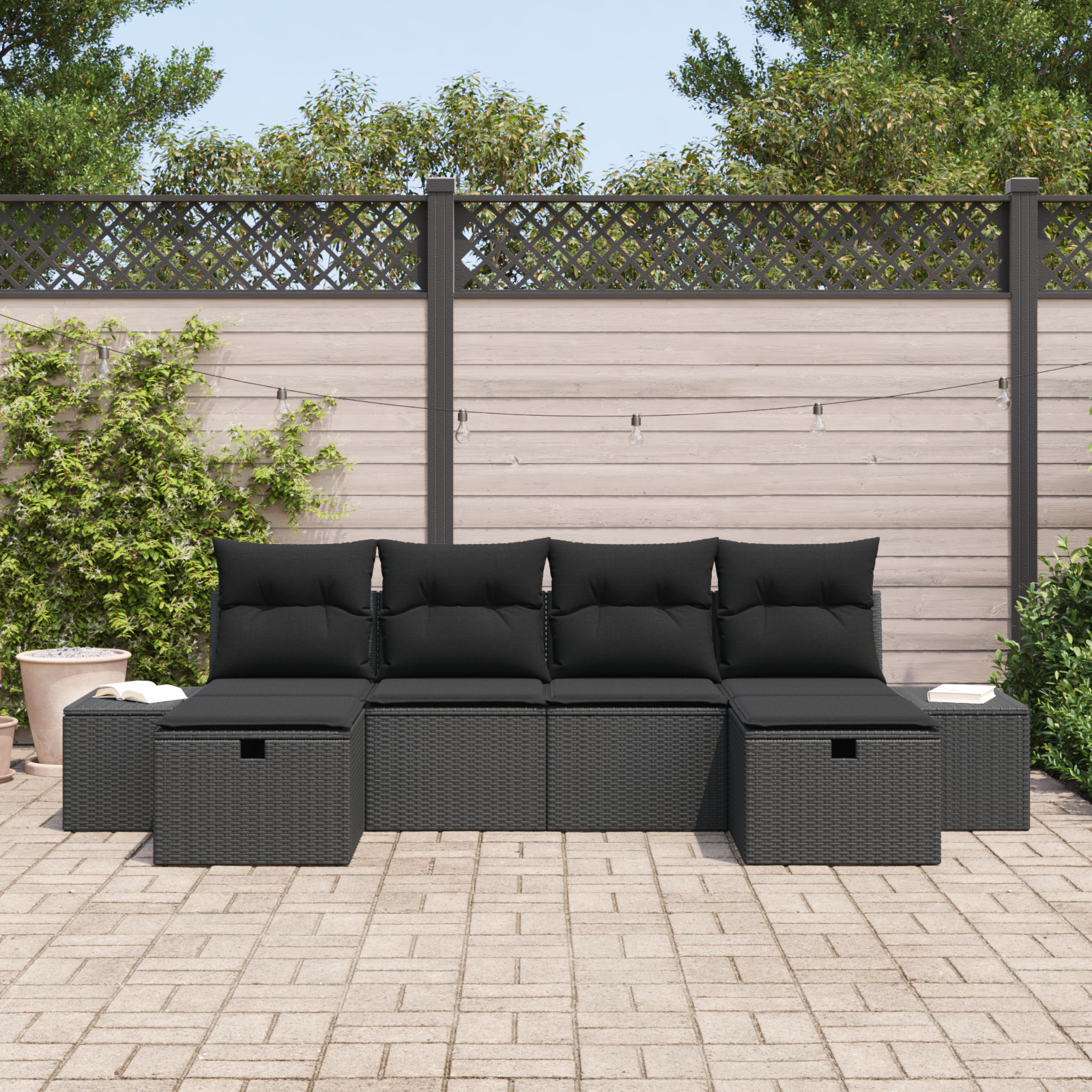 Sodo Sofų Rinkinys su pagalve 6 pcs Juoda poliratanas