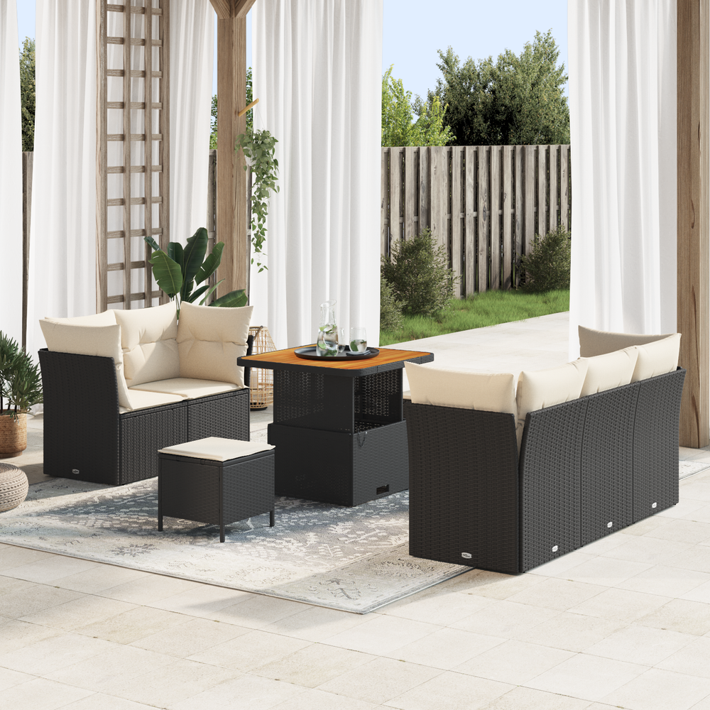 8 Piece Garden Sofa Set with Cushions Black Poly Rattan Acacia