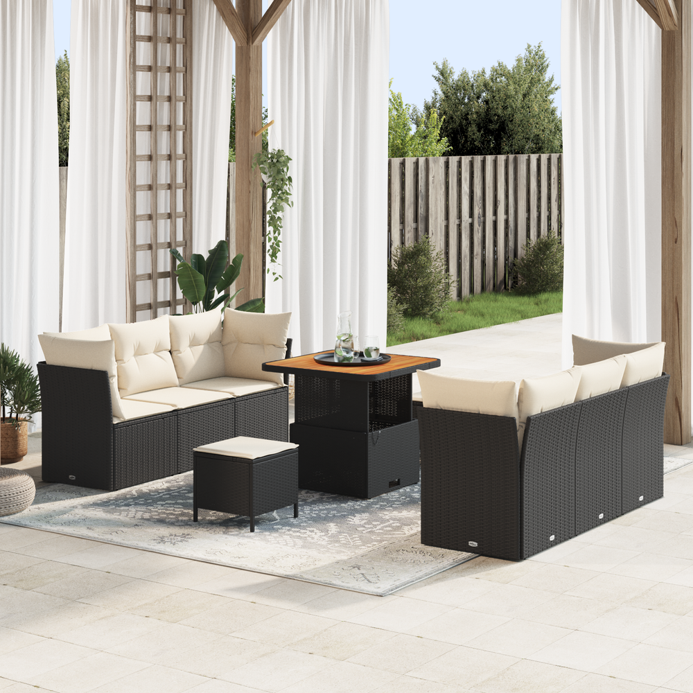 9-piece Garden Sofa Set with Cushions, Black, Poly Rattan, Acacia