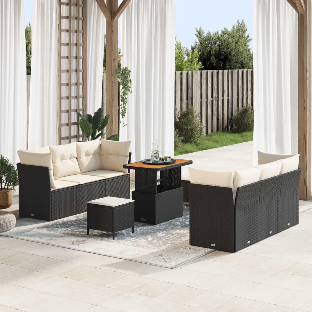 9-Piece Garden Sofa Set with Cushions Black Poly Rattan Acacia