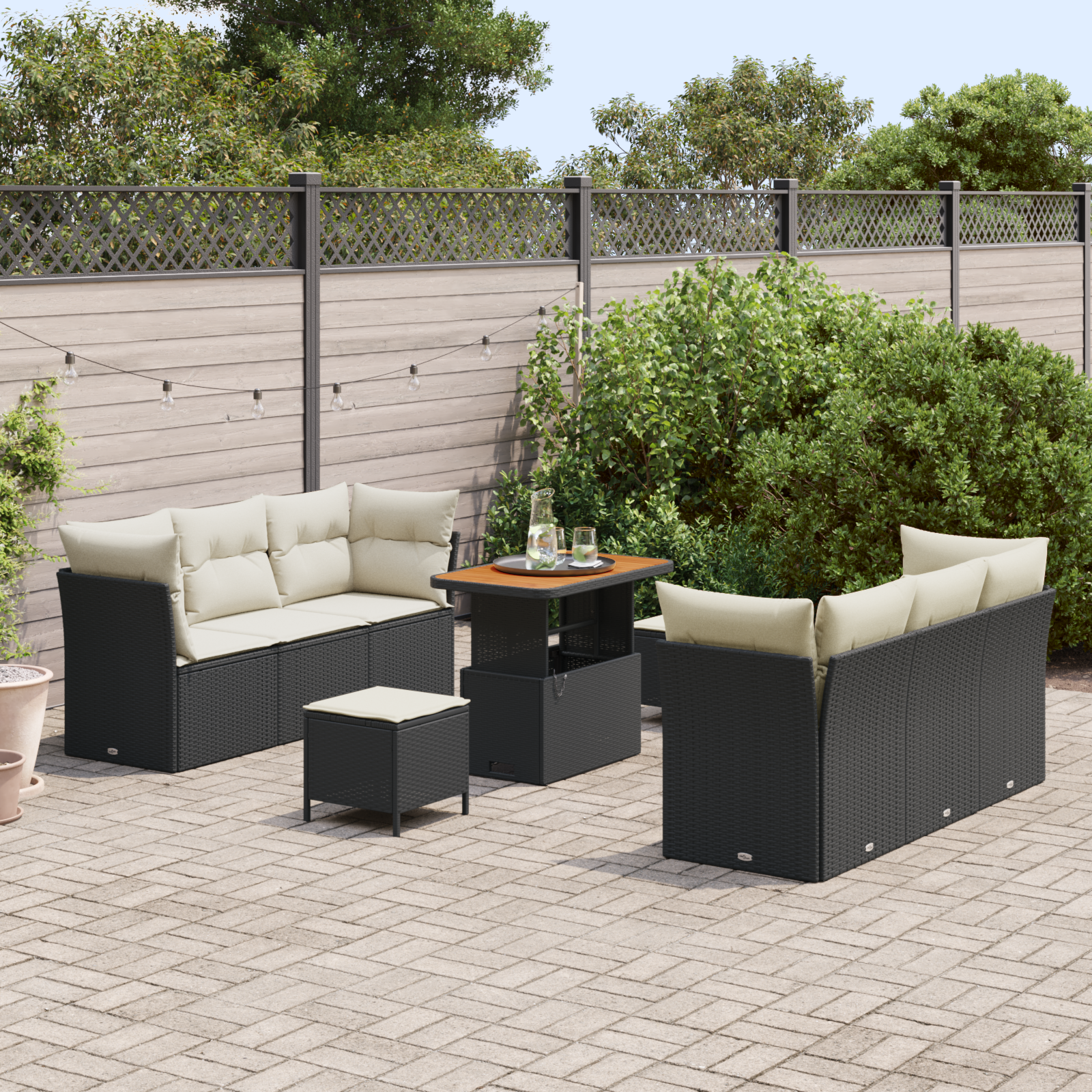 9 dalių sodo sofa rinkinys su pagalvėm Juoda Poli ratanas Akacija