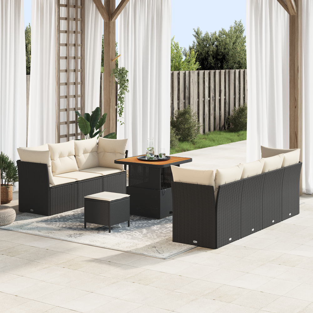 10-piece garden sofa set with cushions black poly rattan and acacia