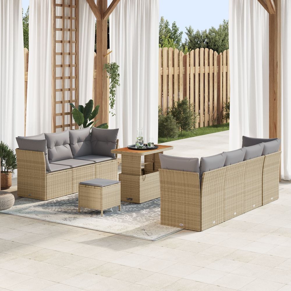 10 Piece Garden Sofa Set with Cushions Sand Polyrattan Acacia