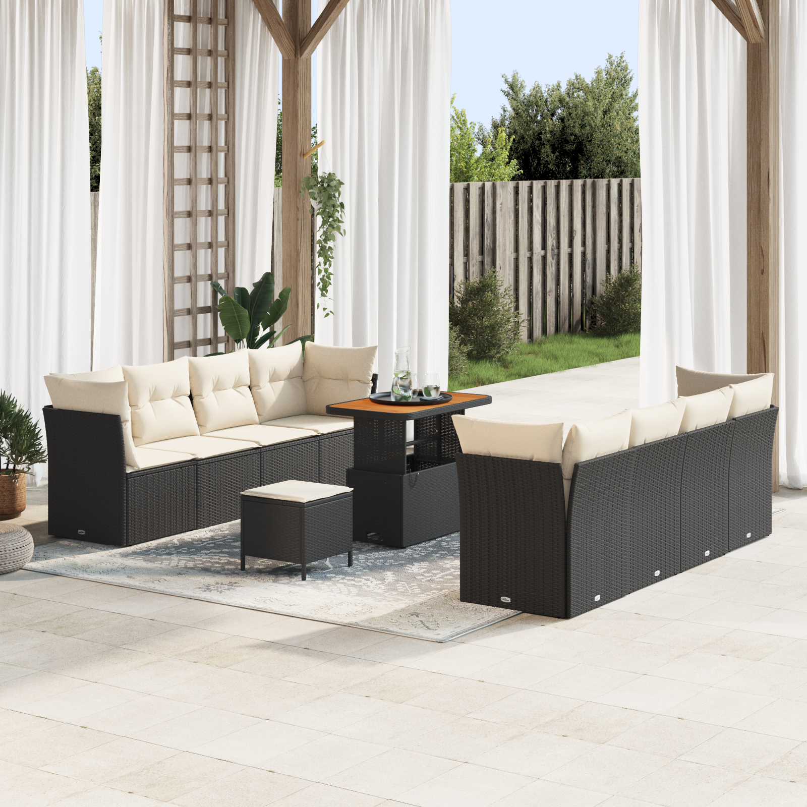 11 dalių sodo sofa komplektas su pagalvėmis juodas poli ratanas akacija