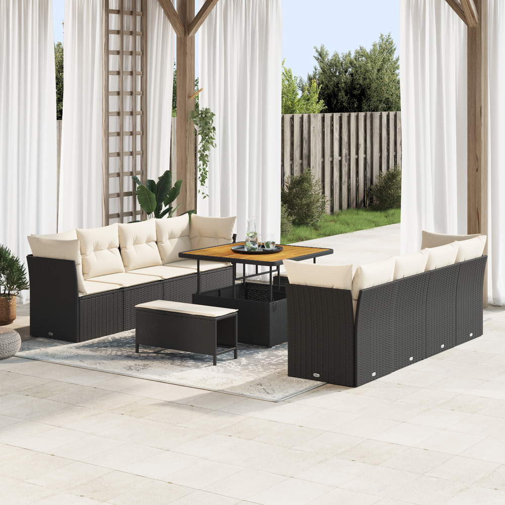 11-piece garden sofa set with cushions black poly rattan acacia