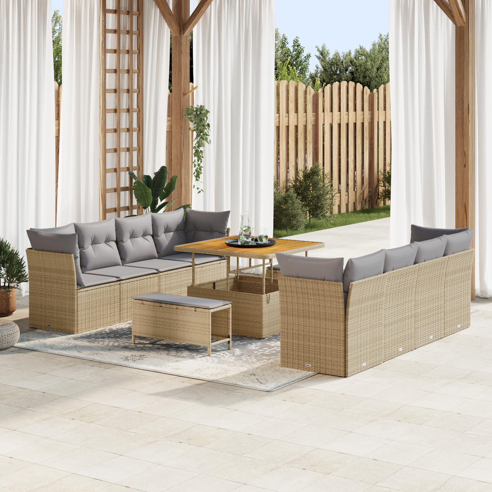 11-piece garden sofa with cushions sand poly rattan acacia