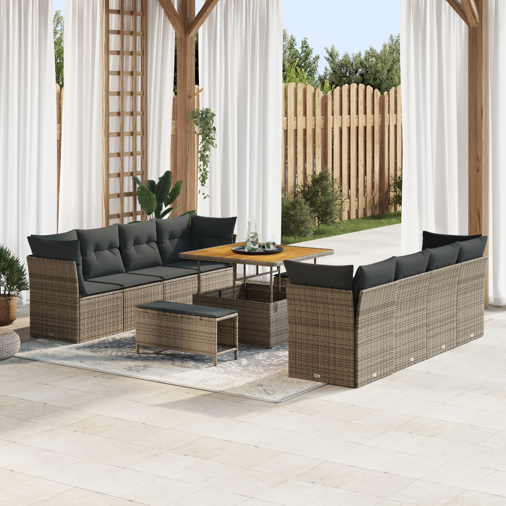 11-Piece Garden Sofa Set with Cushions Grey Poly Rattan Acacia