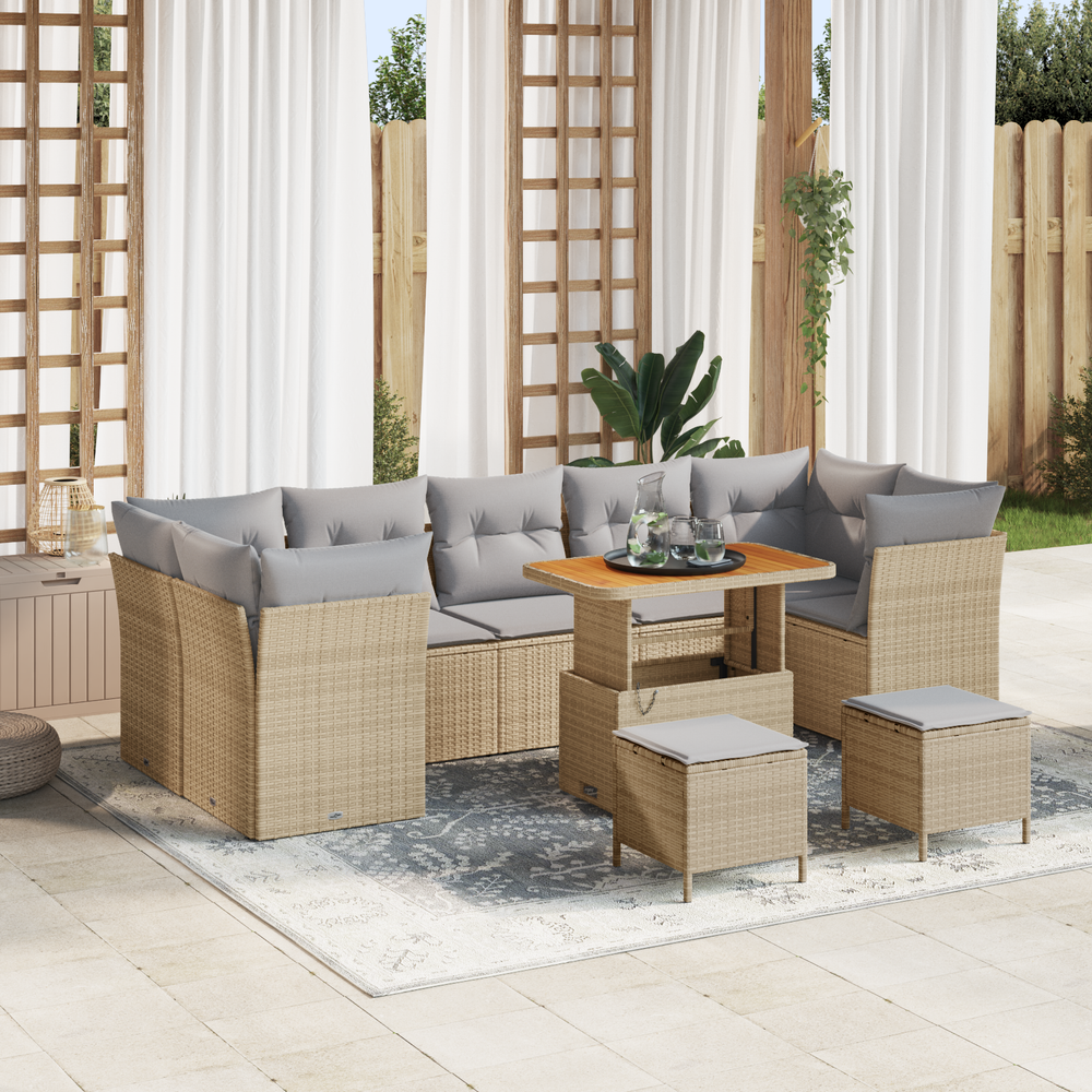 10-Piece Garden Sofa Set with Cushions Sand Poly Rattan Acacia