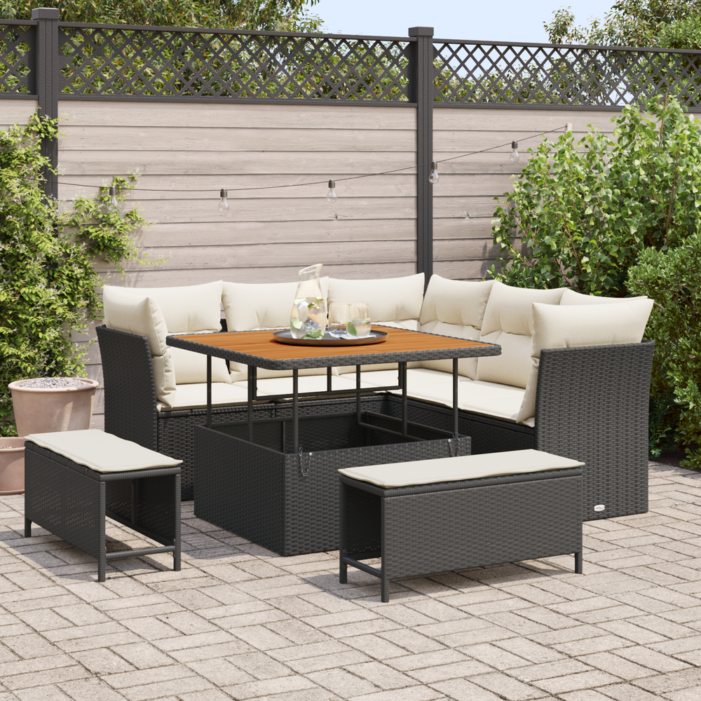 8-Piece Garden Sofa Set with Cushions Black Poly Rattan Acacia