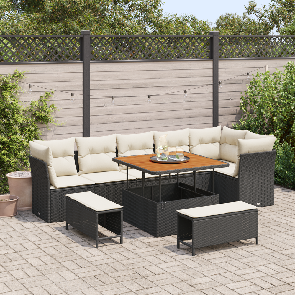 9-Piece Garden Sofa Set with Cushions Black Poly Rattan Acacia