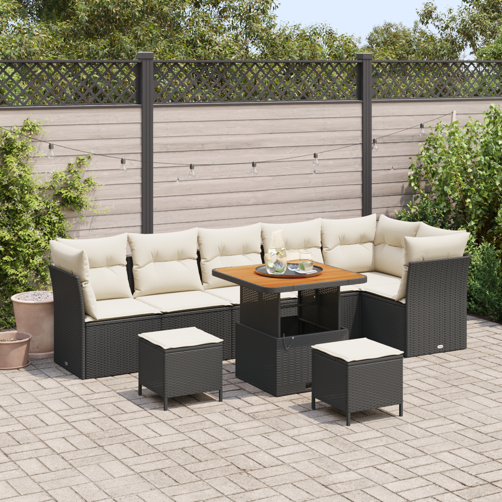 9 Piece Garden Sofa Set with Cushions Black Poly Rattan Acacia