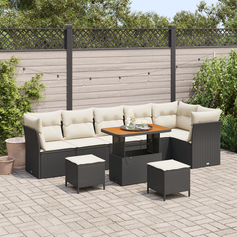 9-Piece Garden Sofa Set with Cushions Black Poly Rattan Acacia