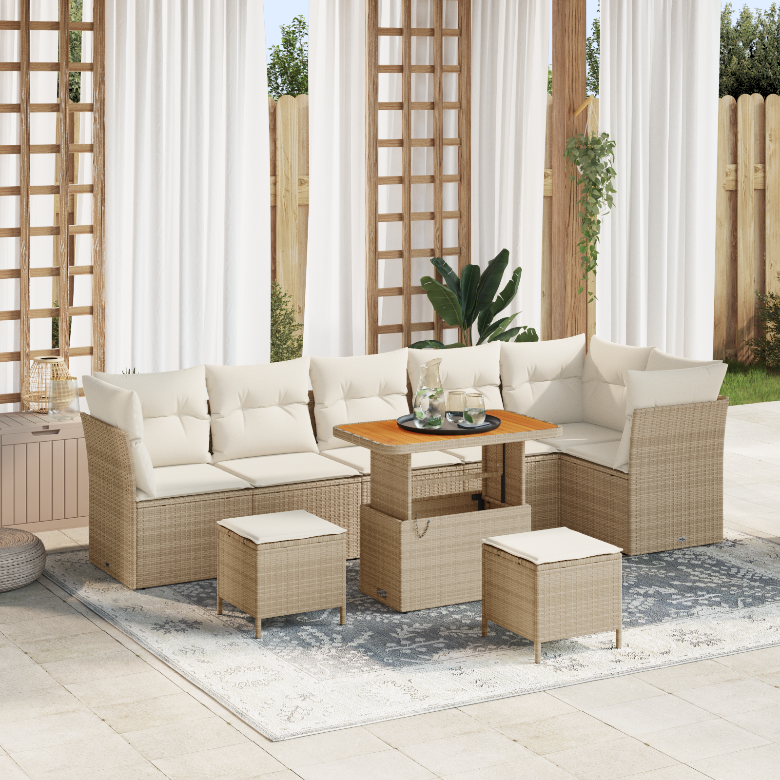 Sodo Sofų Rinkinys su pagalve 9 pcs smėlio ir kreminės spalvos