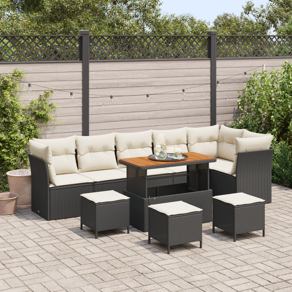 10-Piece Garden Sofa Set with Cushions Black Poly Rattan Acacia