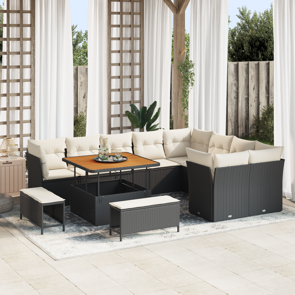 12-Piece Garden Sofa Set with Cushions Black Poly Rattan Acacia