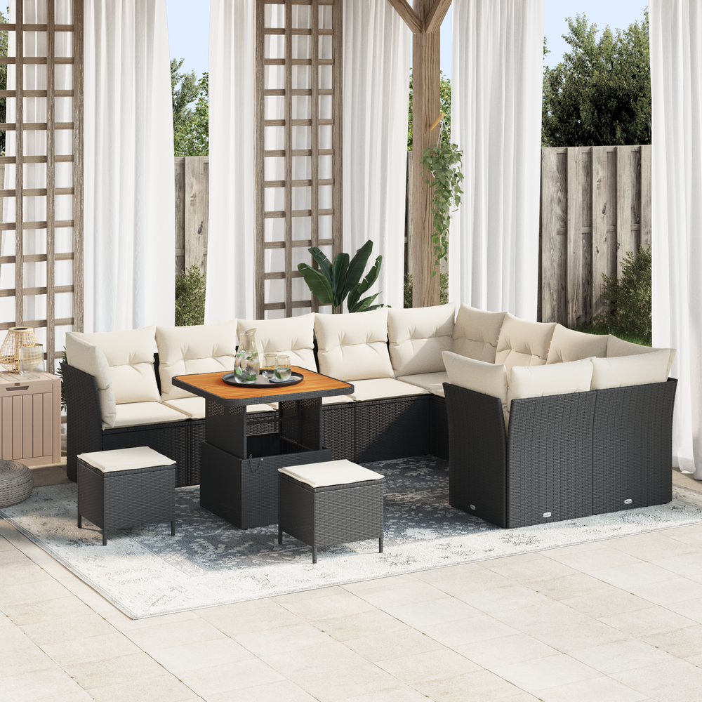 12-Piece Garden Sofa Set with Cushions Black Poly Rattan Acacia