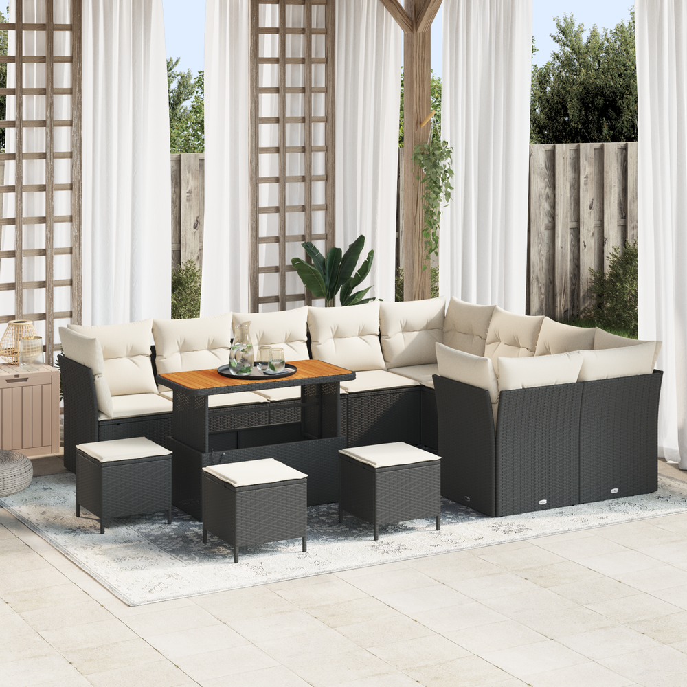 13-piece Garden Sofa Set with Cushions Black Poly Rattan Acacia