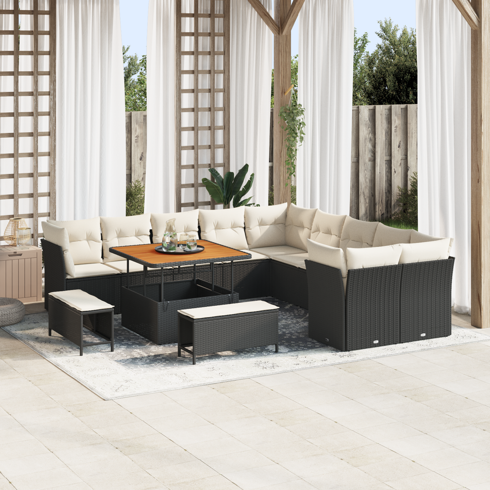 13-Piece Garden Sofa Set with Cushions Black Poly Rattan Acacia