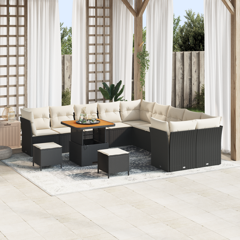 13 Piece Garden Sofa Set with Cushions Black Poly Rattan Acacia