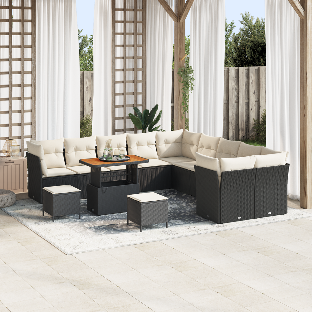 13-Piece Garden Sofa Set with Cushions Black Poly Rattan Acacia