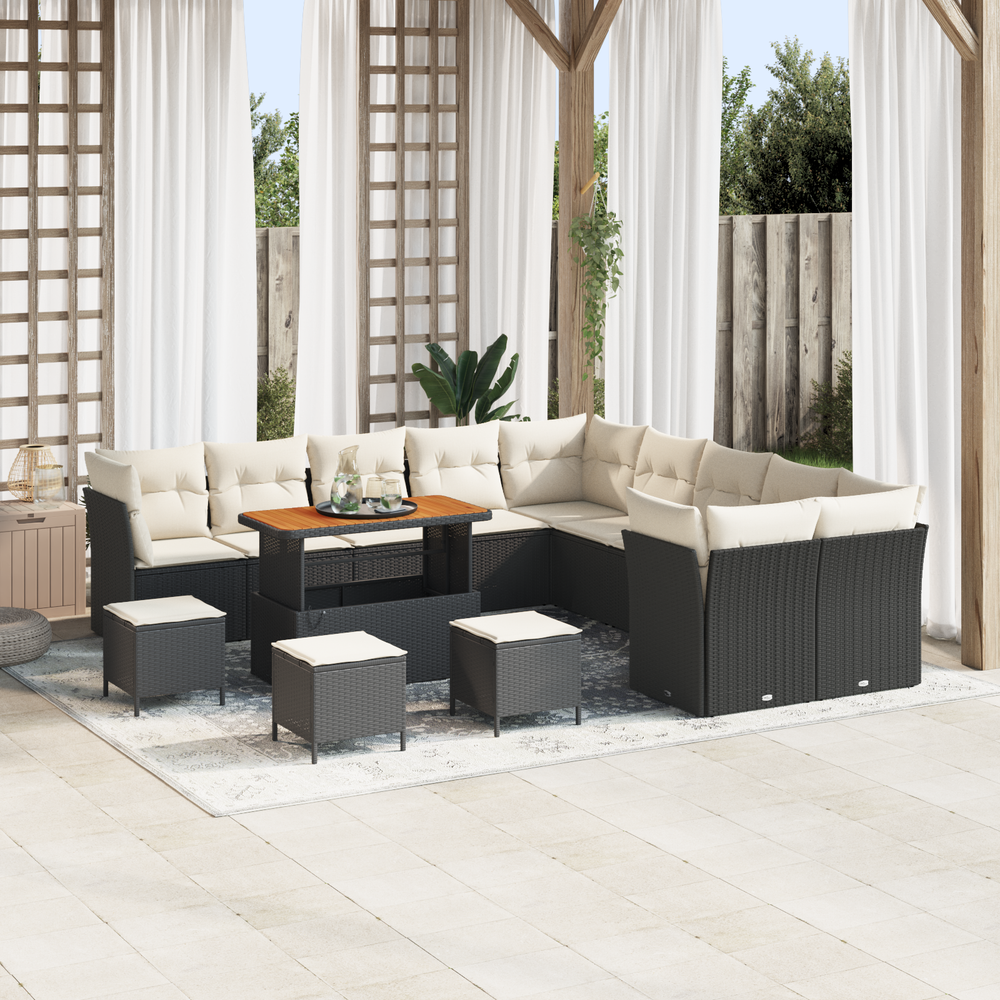 14-Piece Garden Sofa Set with Cushions Black Poly Rattan Acacia
