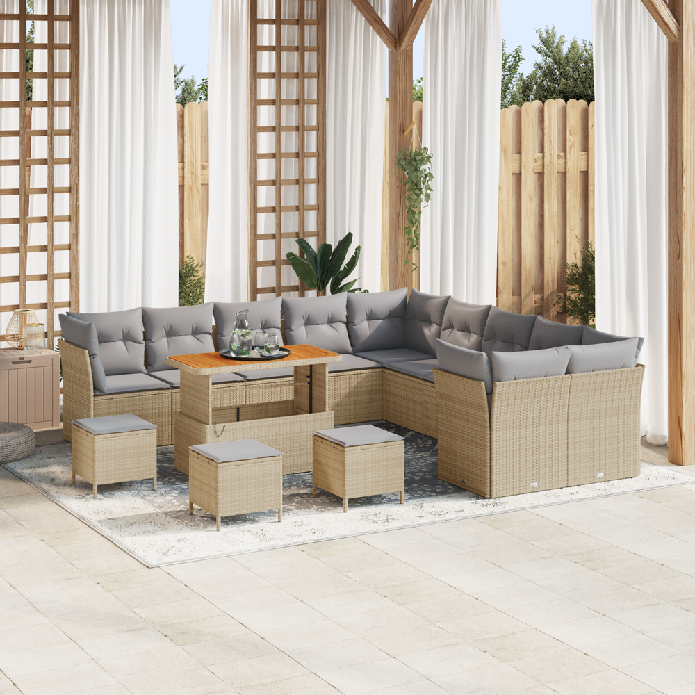 14-Piece Garden Sofa Set with Cushions Grey Poly Rattan Acacia