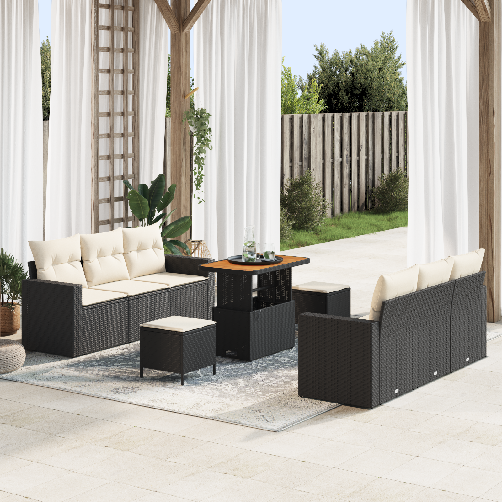 Sodo Sofų Rinkinys su pagalve 9 pcs Juoda ir kreminė