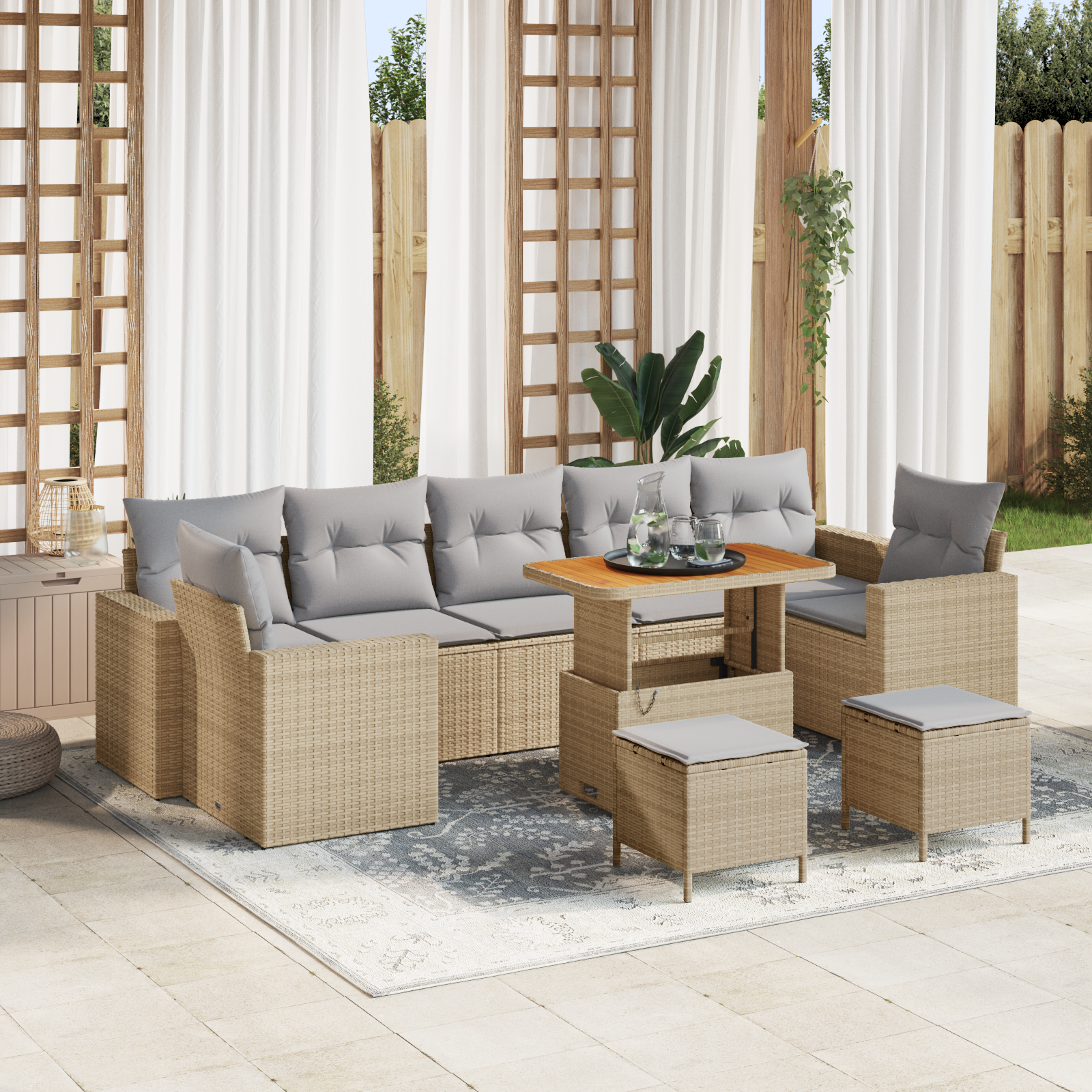 10 dalių sodo sofa komplektas su pagalvėmis Smėlio Poli ratanas Akacijos mediena