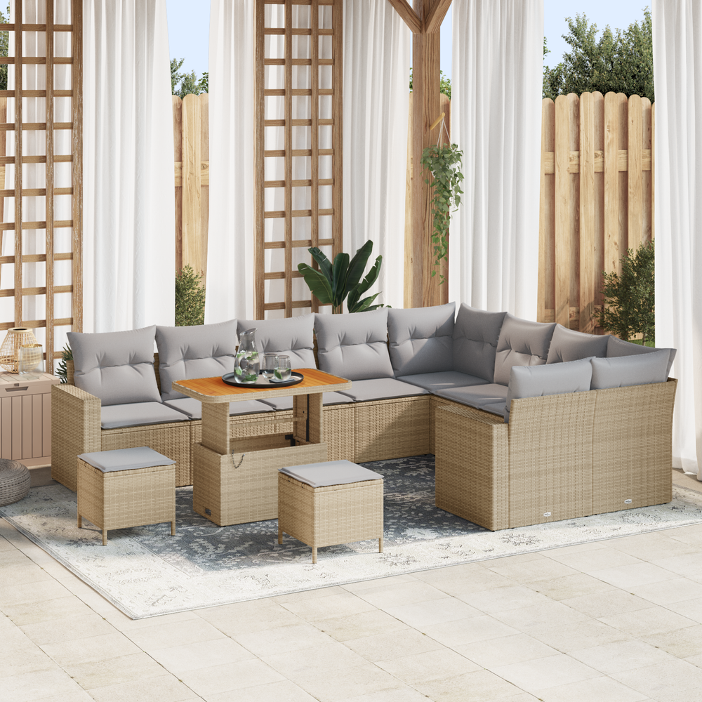 12-Piece Garden Sofa Set with Cushions Sand Poly Rattan Acacia