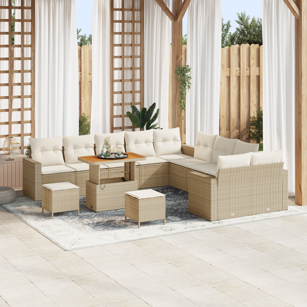 13-Piece Garden Sofa Set with Cushions Cream Poly Rattan Acacia