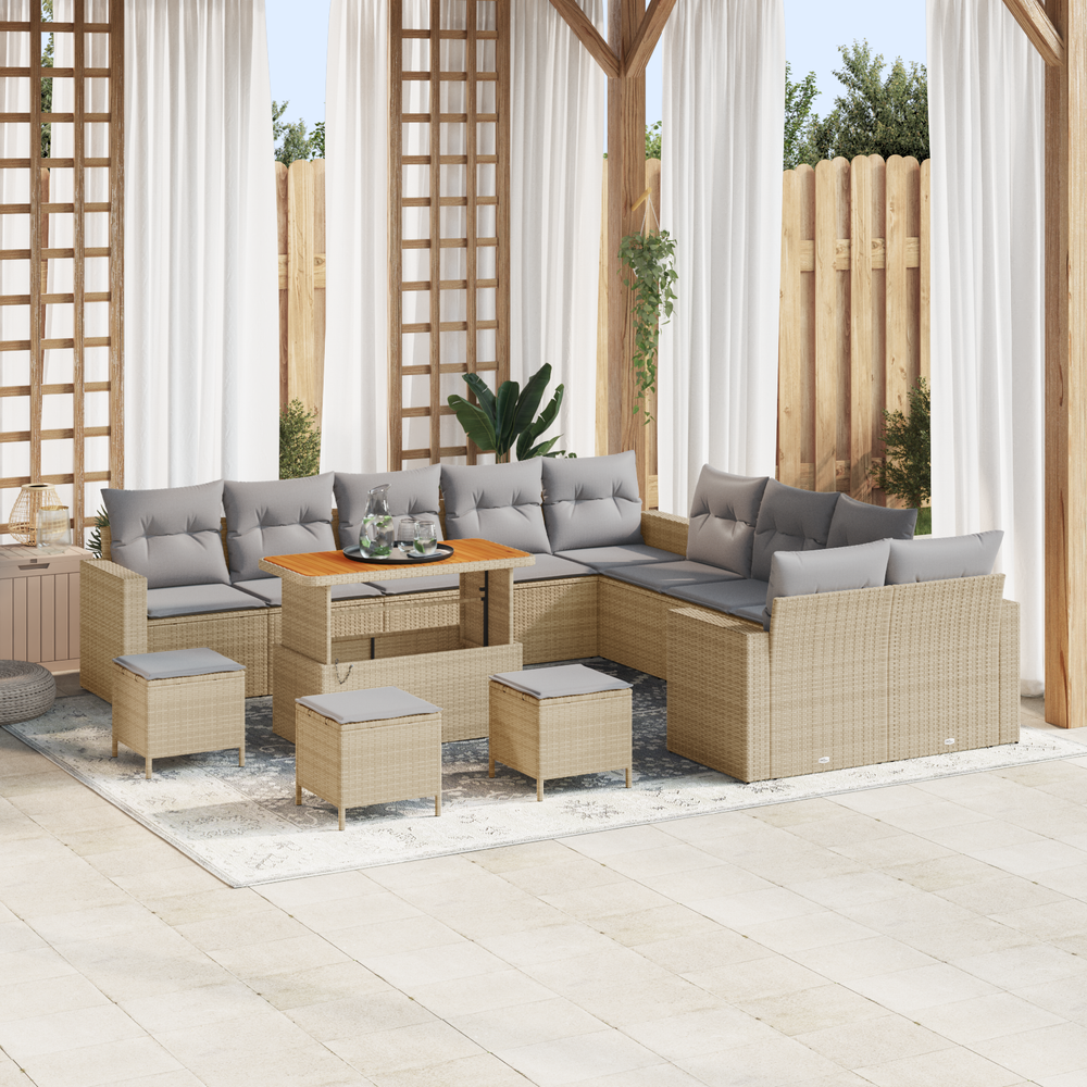 14-piece Garden Sofa Set with Cushions Sand Poly Rattan Acacia