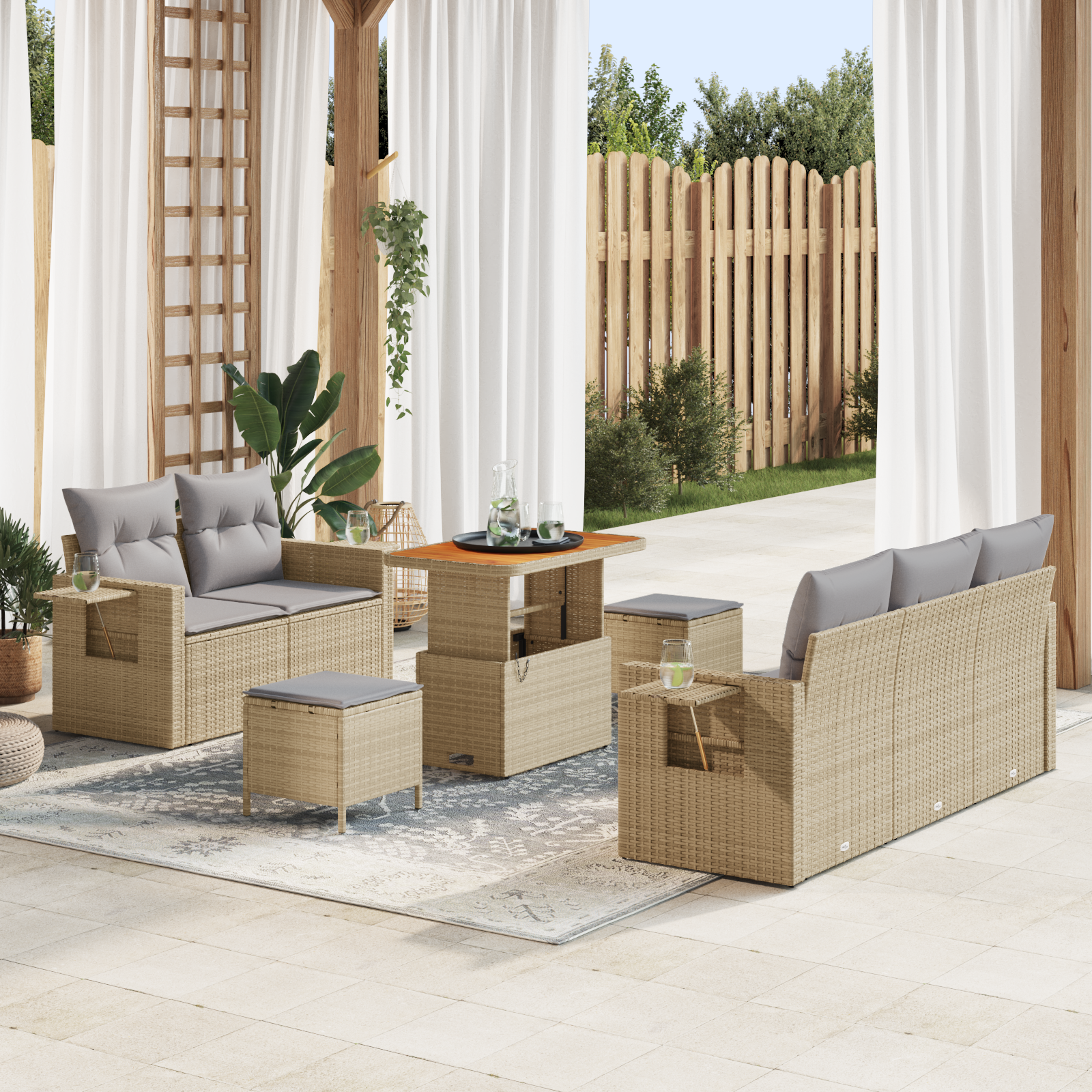 8 dalių sodo sofa rinkinys su pagalvėlėmis, smėlio spalvos, poliratanas, akacija
