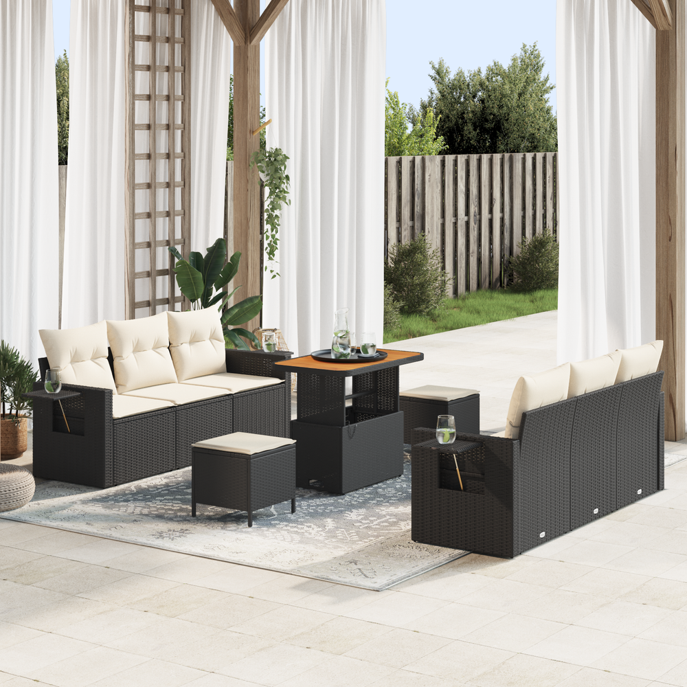 9 Piece Garden Sofa Set with Cushions Black Poly Rattan Acacia