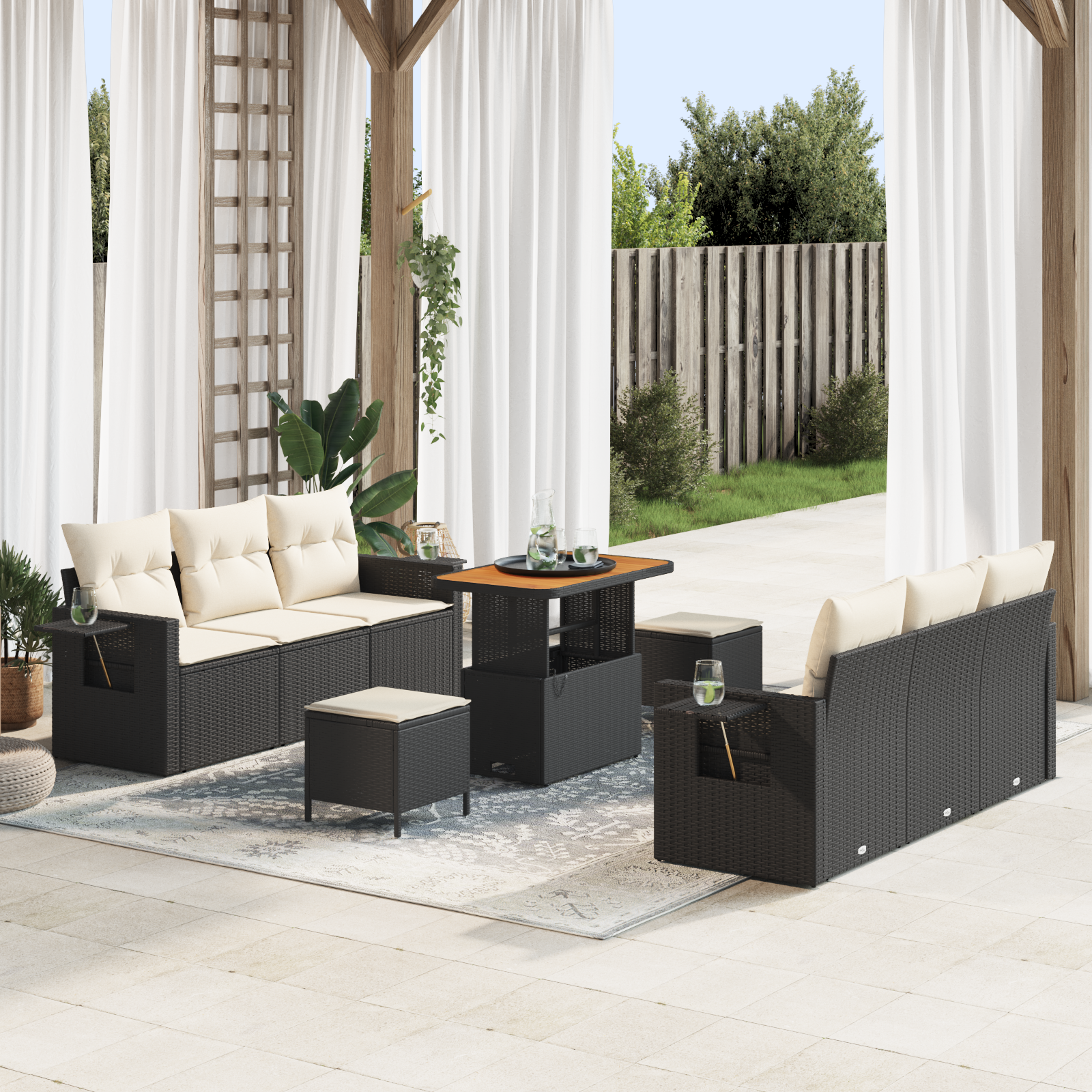 9 Dalių Sodo Sofa Rinkinys su Pagalvėmis Juodas Poli Ratanas Akacija