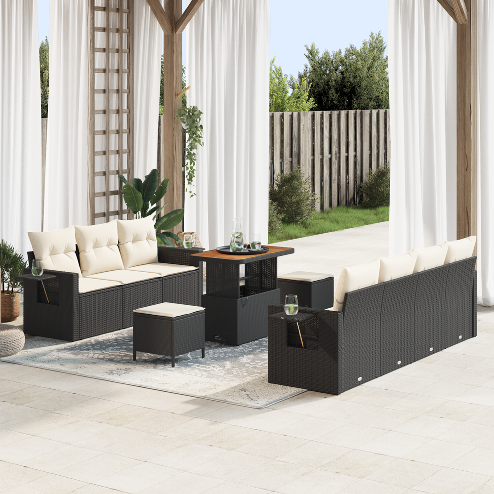 10-piece garden sofa set with cushions Black poly rattan Acacia