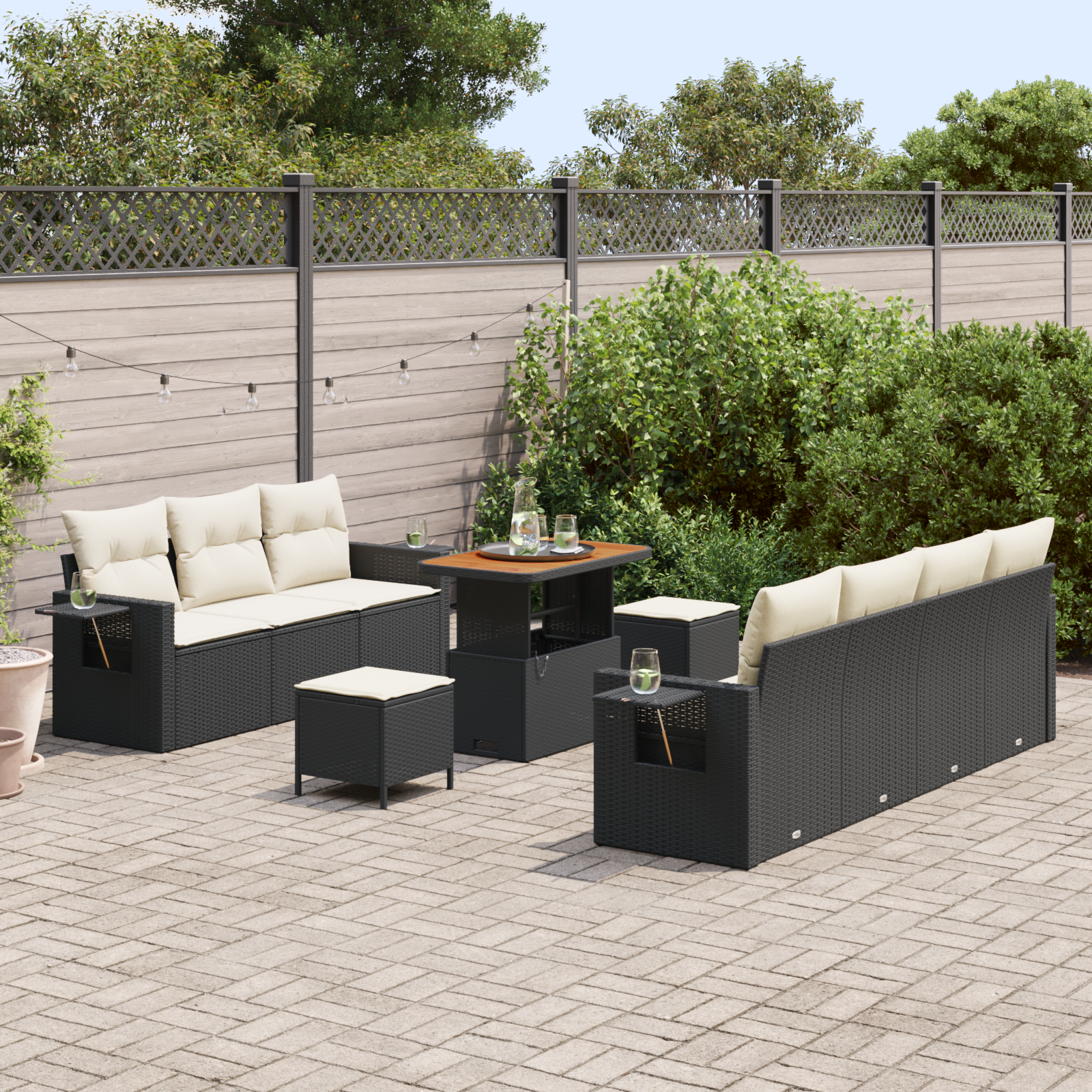 10 dalių sodo sofa komplektas su pagalvėmis Juoda poli ratanas Akacija