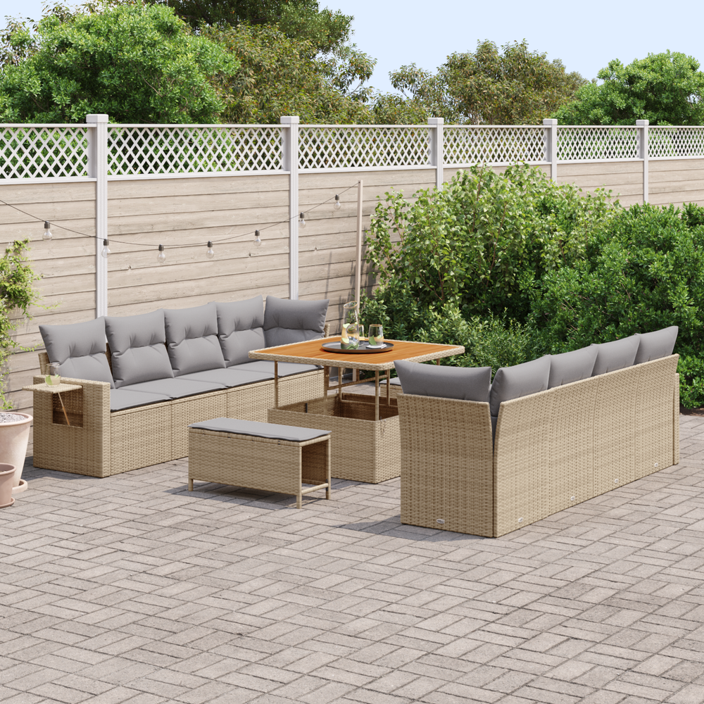 11 Piece Garden Sofa Set with Cushions Beige Poly Rattan Acacia