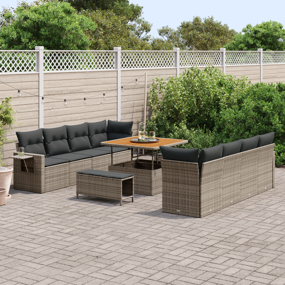 11-piece garden sofa set with cushions, grey poly rattan acacia