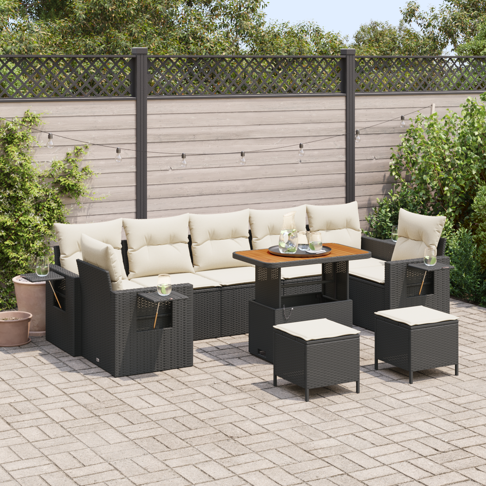 10-piece garden sofa set with cushions black poly rattan acacia wood
