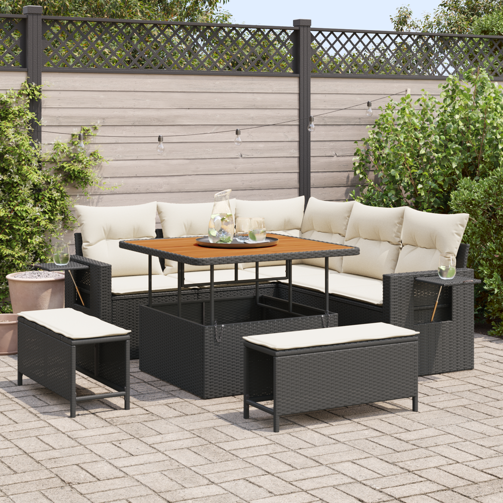 8 Piece Garden Sofa Set with Cushions Black Poly Rattan Acacia