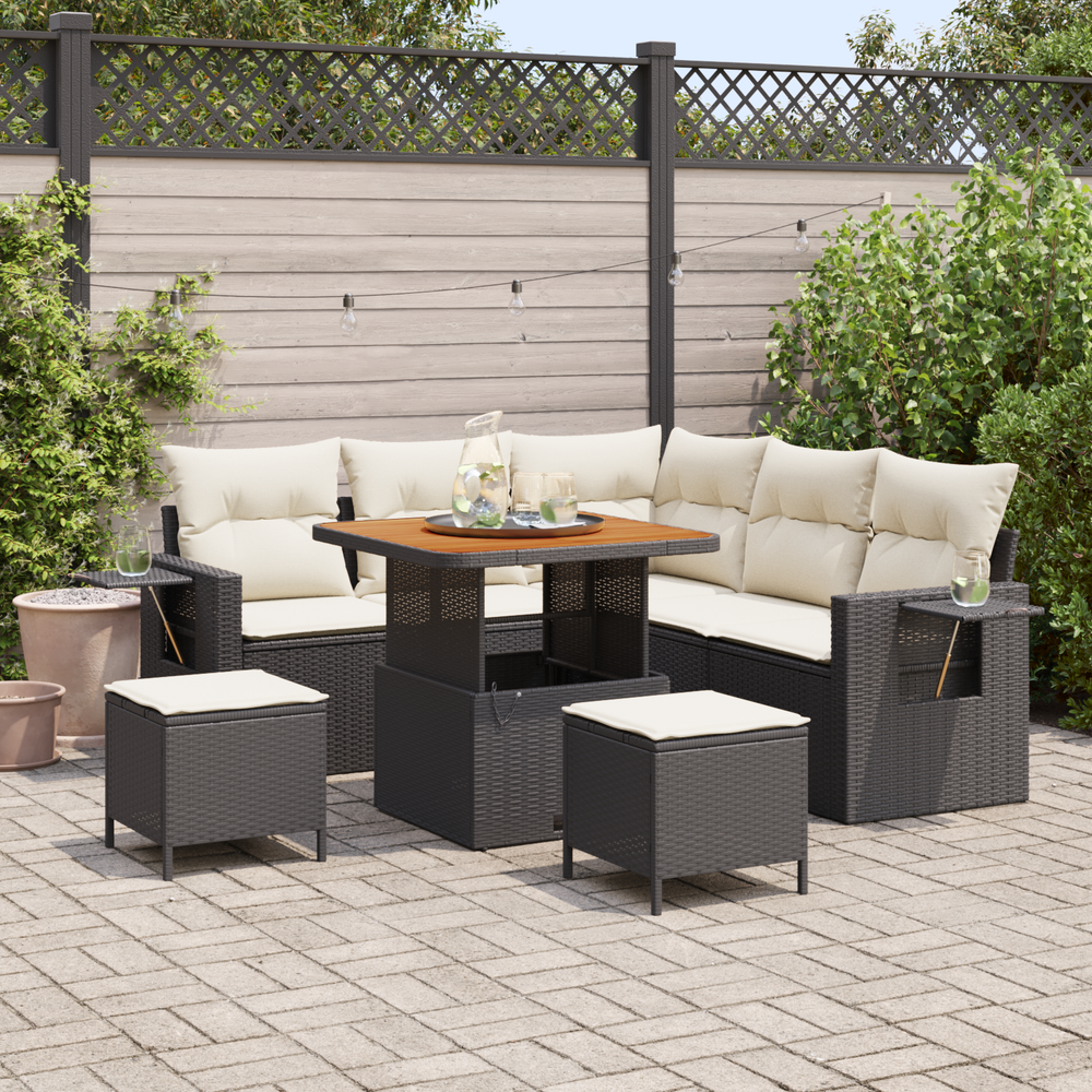 8 Piece Garden Sofa Set with Cushions Black Poly Rattan Acacia
