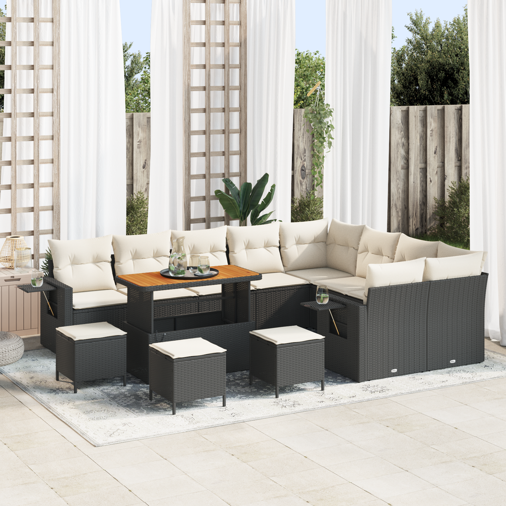 13-piece garden sofa set with cushions black poly rattan acacia