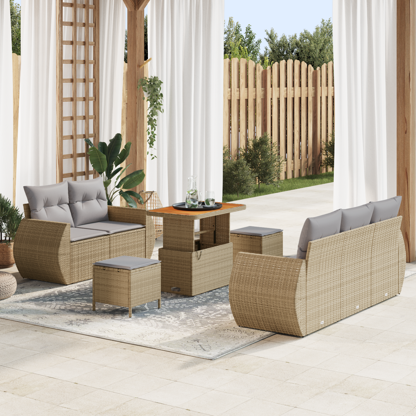 8 dalių sodo sofa rinkinys su pagalvėm Smėlio Poli ratanas Akacijos