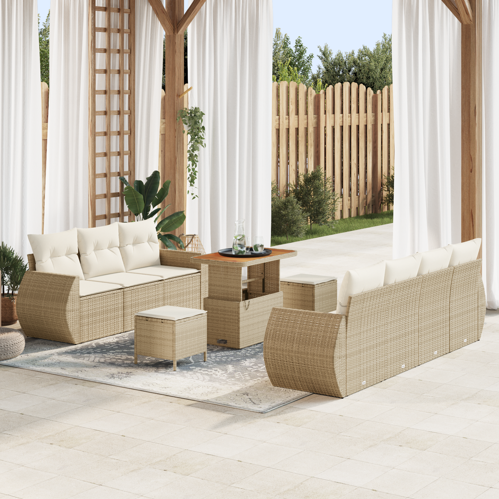 10 Dalių Sodo Sofa Komplektas su Pagalvėmis Smėlio Spalva Poli Ratanas Akacija