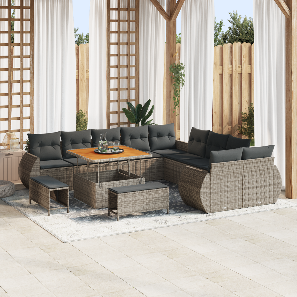 13 dalių Sodo Sofa Rinkinys su Pagalvėlėmis Pilka Poli Ratanas Akacija