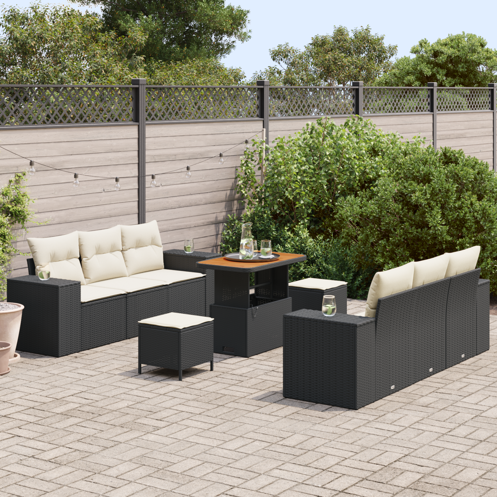 Sodo Sofų Rinkinys 9 pcs Juoda ir kreminė 90 x 55 x 71 cm