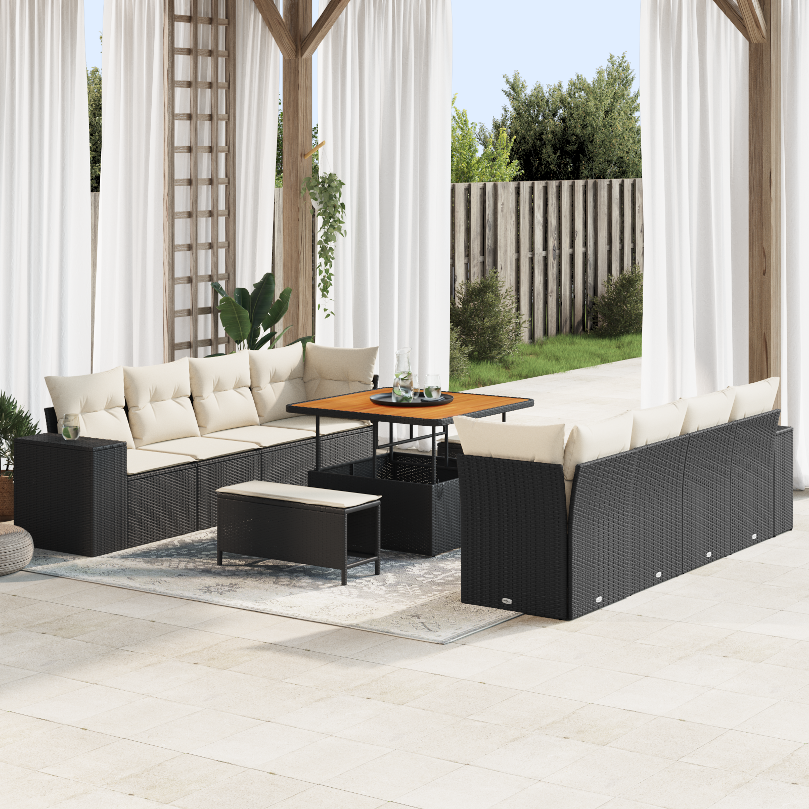 Sodo Sofų Rinkinys su pagalve 11 pcs Juoda ir kreminė