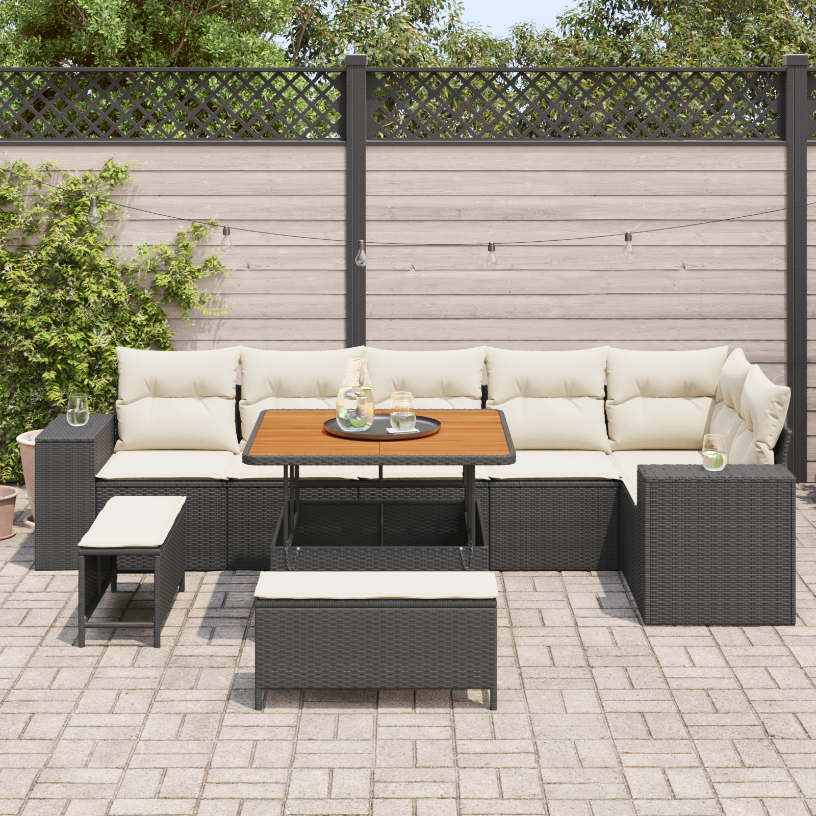 Sodo Sofų Rinkinys 9 pcs Juoda ir kreminė 100 x 100 x 71 cm